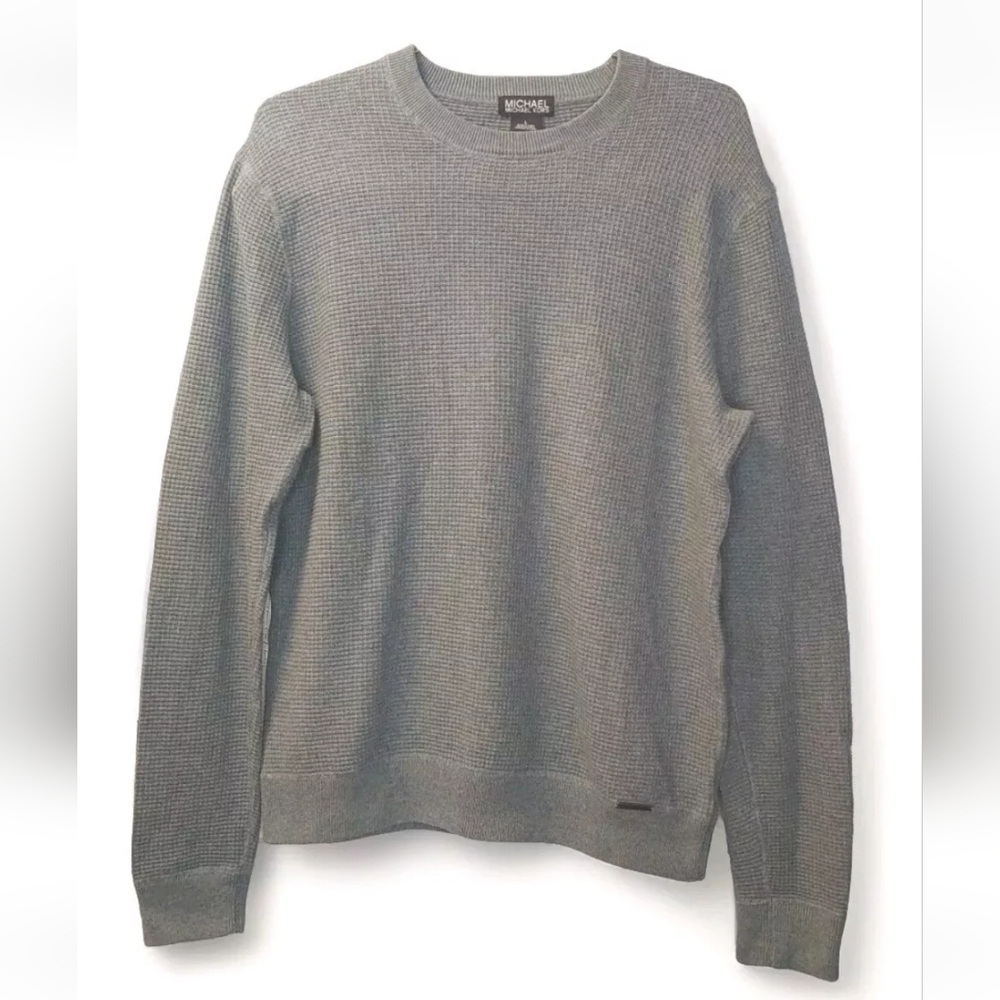 Michael Kors Waffle Knit Thermal Top Men Large Gray Crewneck Preppy Ski Travel - Picture 2 of 8